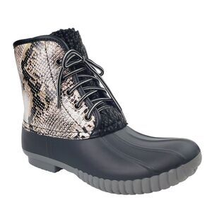 Simply Southern Duck Boots Women 7 Black/Snake Print Muck Rain Shoes Tie Up New